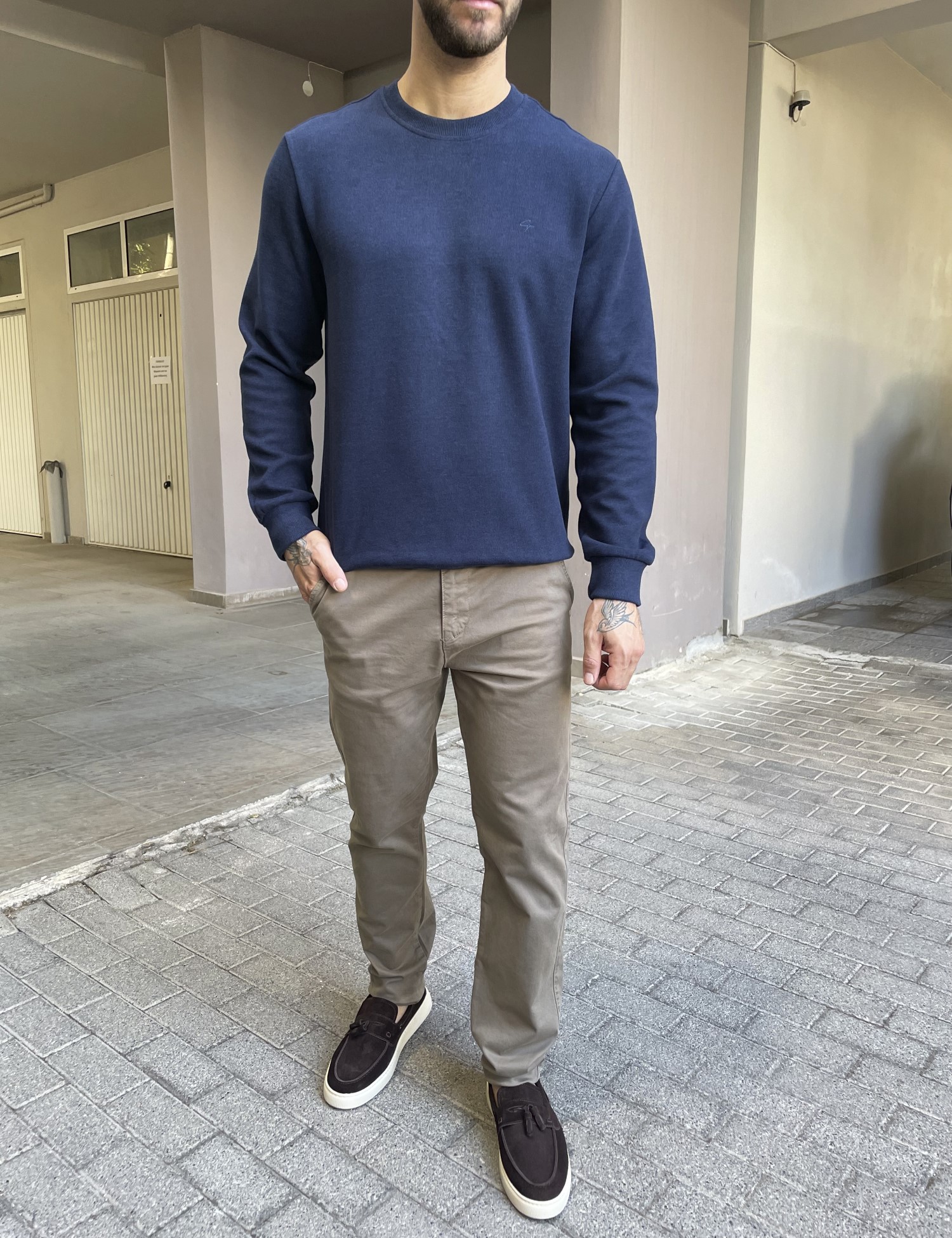 Ανδρική μπλε Indigo πλεκτή βαμβακερή μακρυμάνικη μπλούζα plus size 2308Ι φωτογραφία